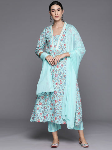 Blue Floral Printed A-Line Kurta With Three Quarter Sleeves Paired With Printed Bottom And Solid Chiffon Dupatta
